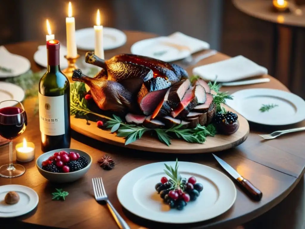 Delicado maridaje vinos Burdeos con platos de caza en mesa rústica iluminada por velas