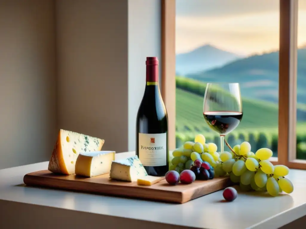 Delicado maridaje vinos franceses y quesos en mesa rústica con elegancia y sofisticación