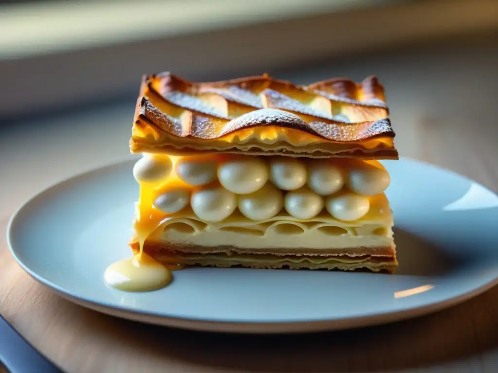 Delicado millefeuille francés resaltando las texturas en la cocina francesa