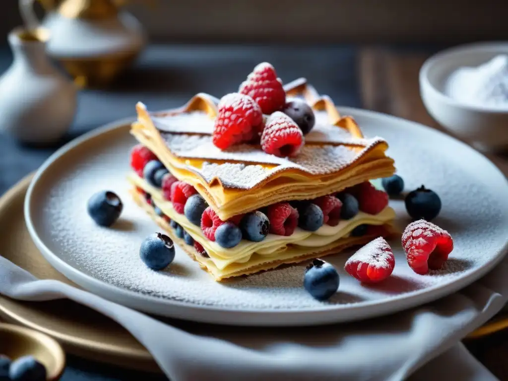 Delicado Millefeuille con frutas y menta, detalle artesanal de postres franceses ligeros y deliciosos