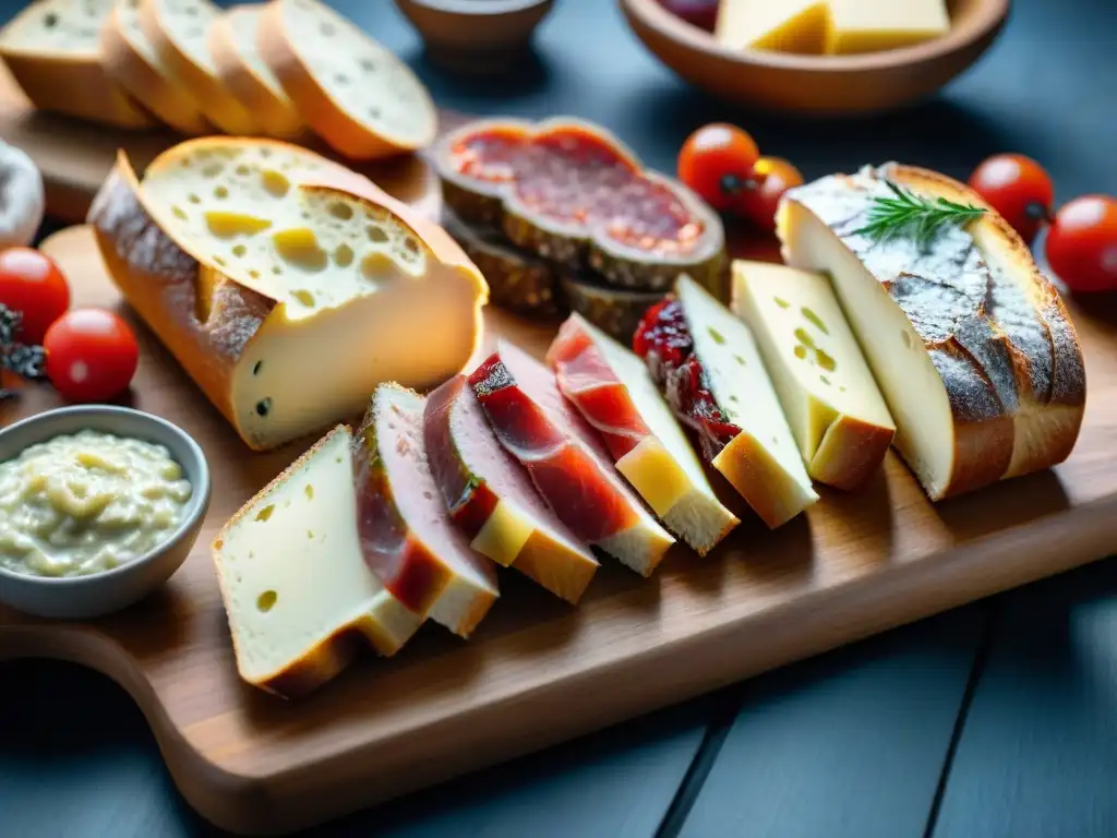 Delicado pan francés con maridajes innovadores en una tabla de madera, resaltando texturas y colores