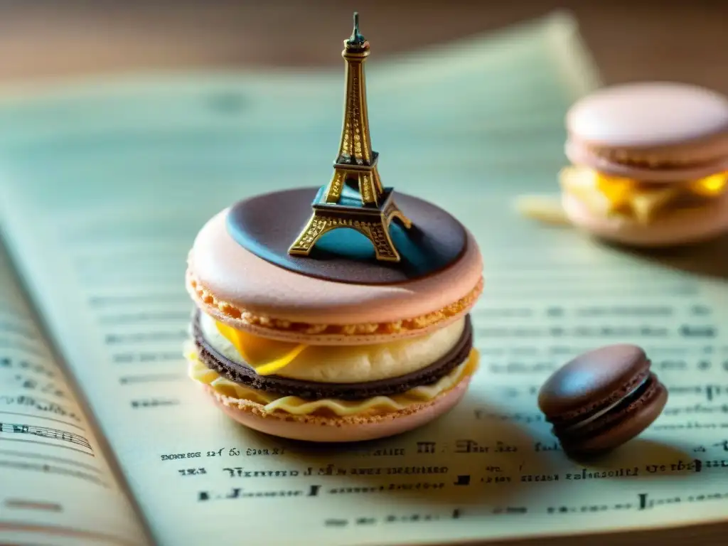 Un macaron delicado sobre partitura de 'Clair de Lune' de Debussy, inspiración en dulces franceses postres