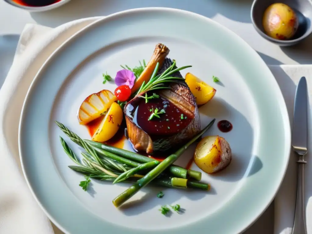 Delicado plato de cocina francesa con coloridos detalles: coq au vin, papas doradas y haricot verts en plato blanco sobre mantel blanco