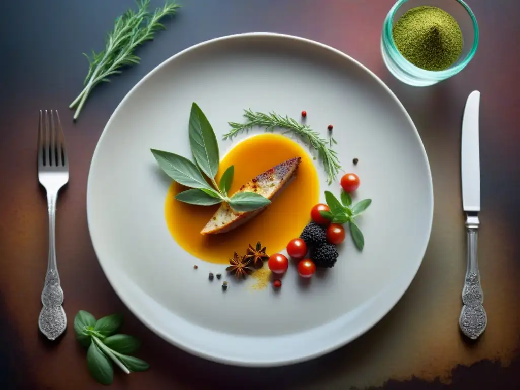 Delicado plato francés con hierbas y especias, muestra arte culinario y elegancia en su presentación