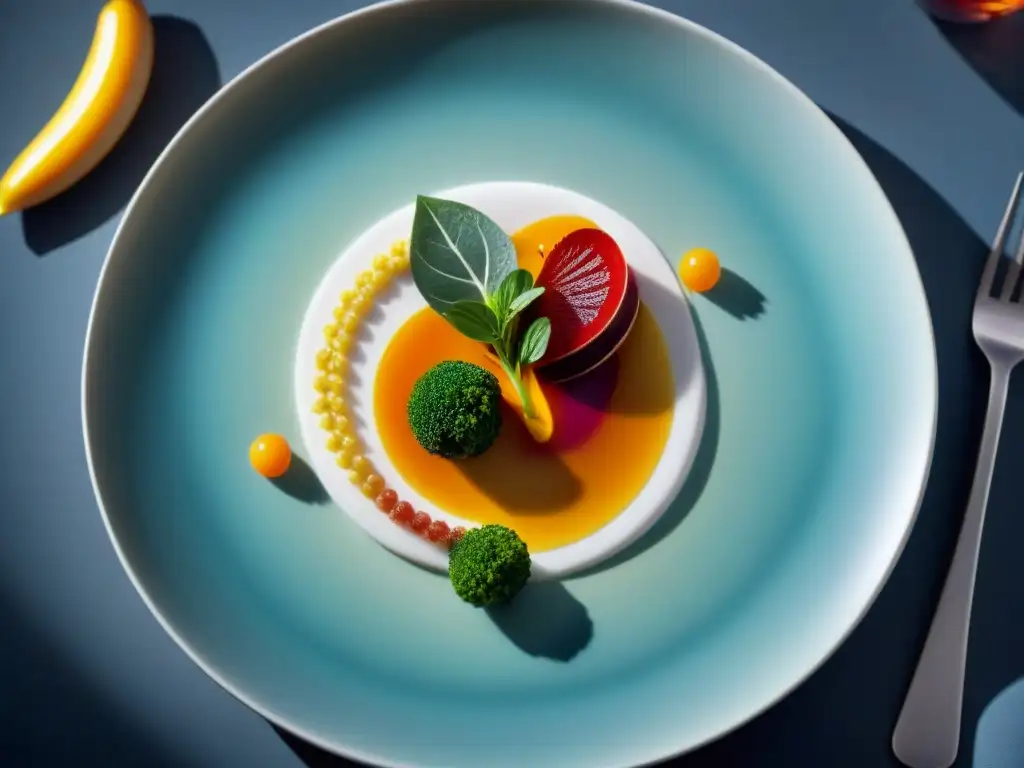 Delicado plato innovador de la gastronomía francesa con colores vibrantes y texturas, presentado con elegancia