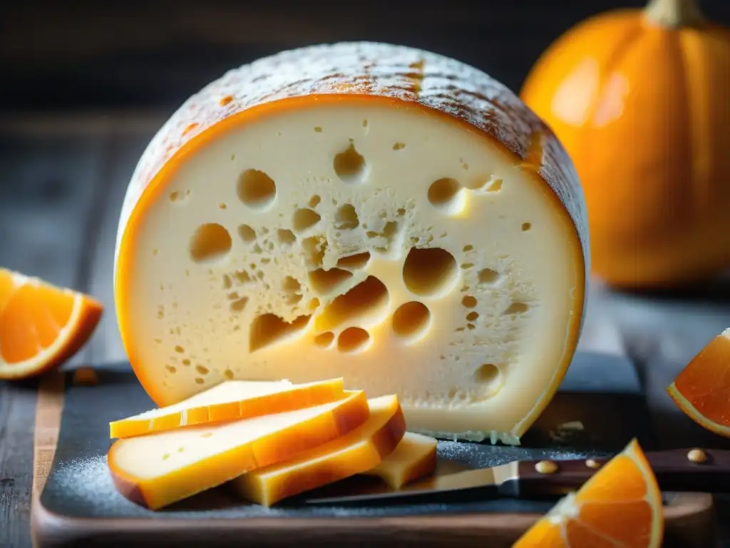 Delicado queso Langres con corazón profundo y cremoso fluyendo, rodeado de cáscara naranja distintiva