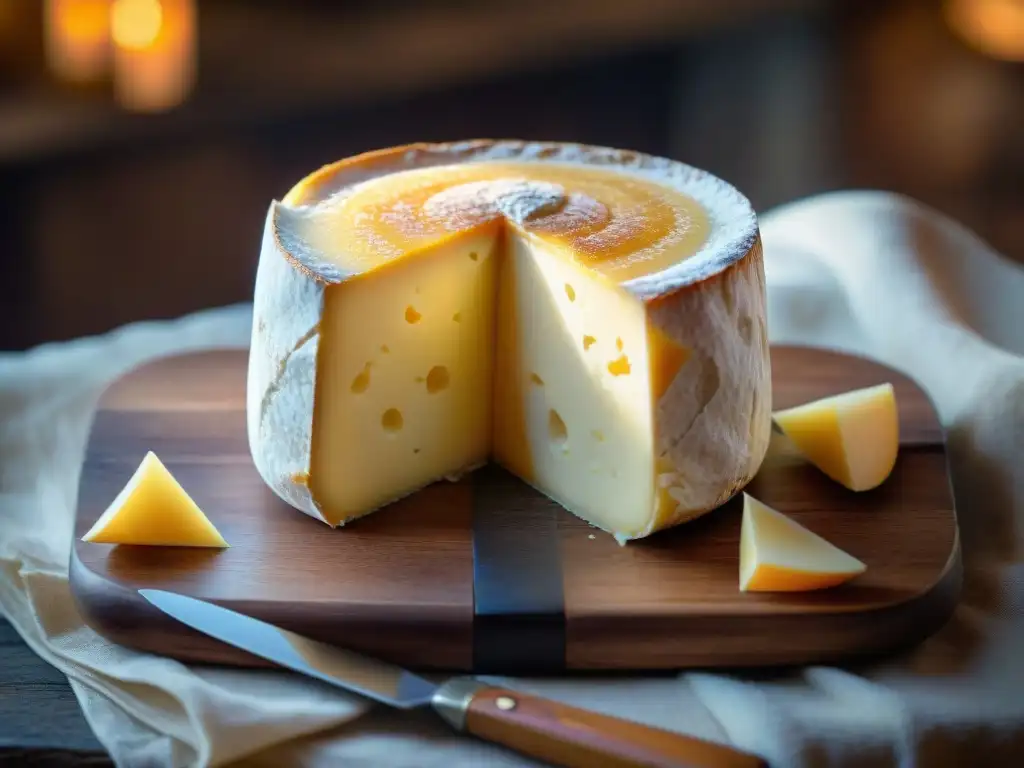 Delicado queso Langres con corazón profundo en tabla de madera rústica, iluminación suave y paisaje francés de fondo