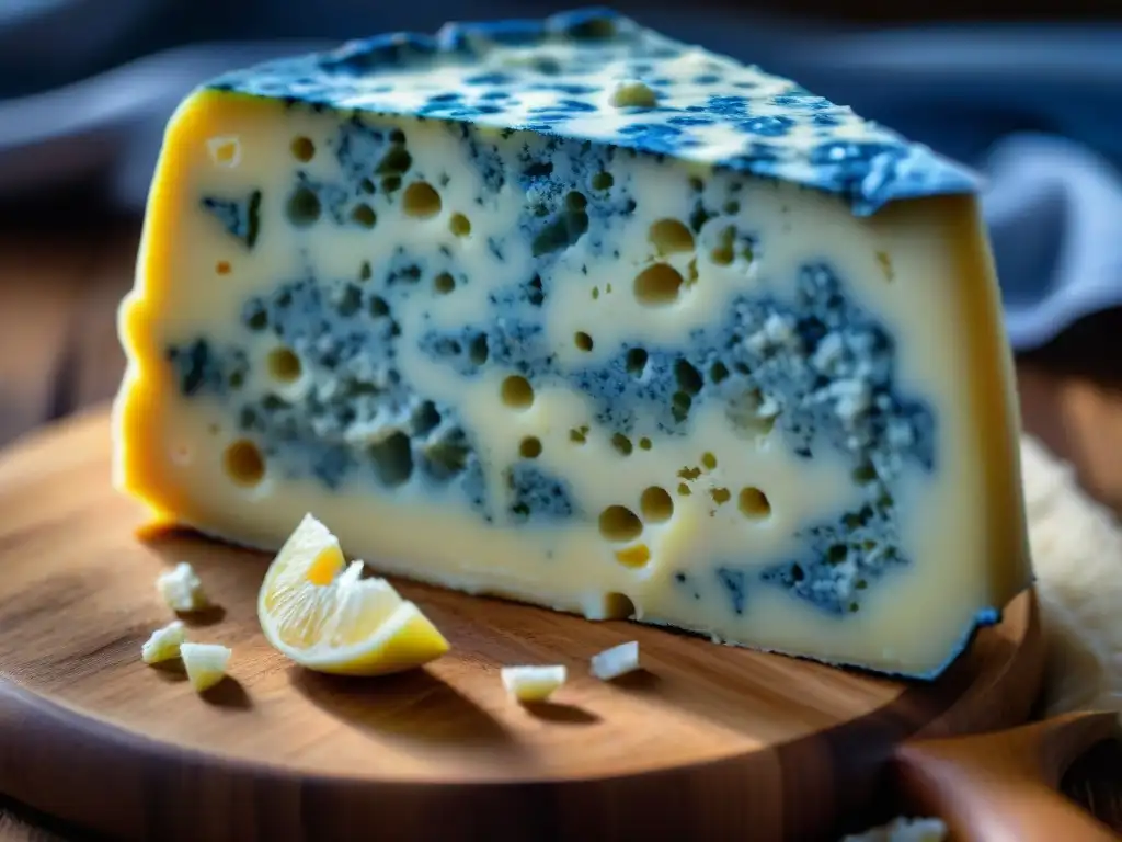 Delicado queso Roquefort con vetas azules sobre tabla rústica, evocando los quesos franceses más icónicos sabores