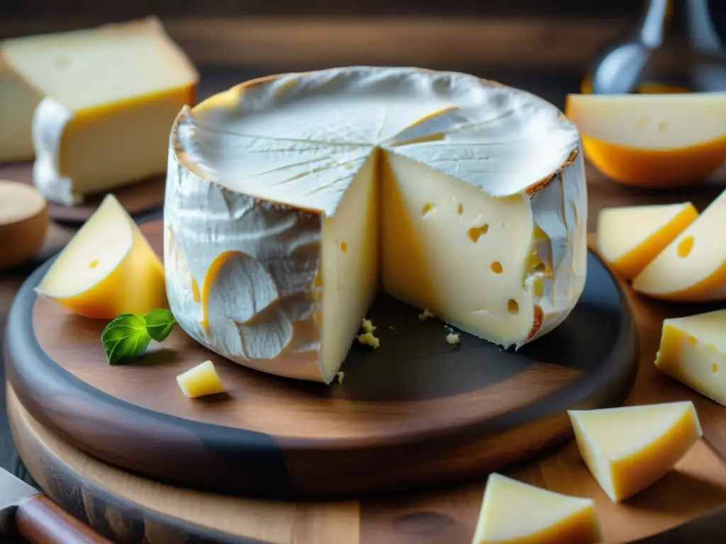 Delicado queso Camembert en tabla de madera, resaltando su textura y tonos cremosos