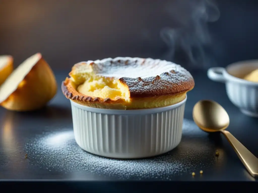 Un delicado soufflé dorado y esponjoso, exudando elegancia en un ramekin