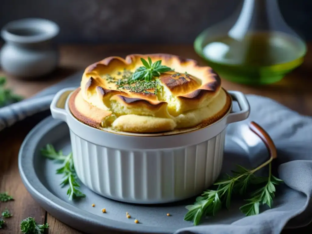 Delicado soufflé vegano, dorado y esponjoso, en ramekin rústico con hierbas frescas