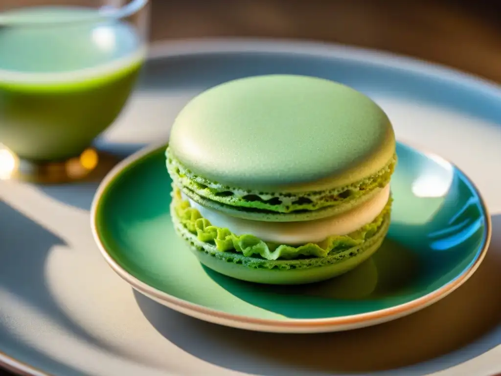 Delicado macaron de té verde matcha en armonía gastronómica entre Francia: textura, brillo y elegancia en una escena de pastelería francesa