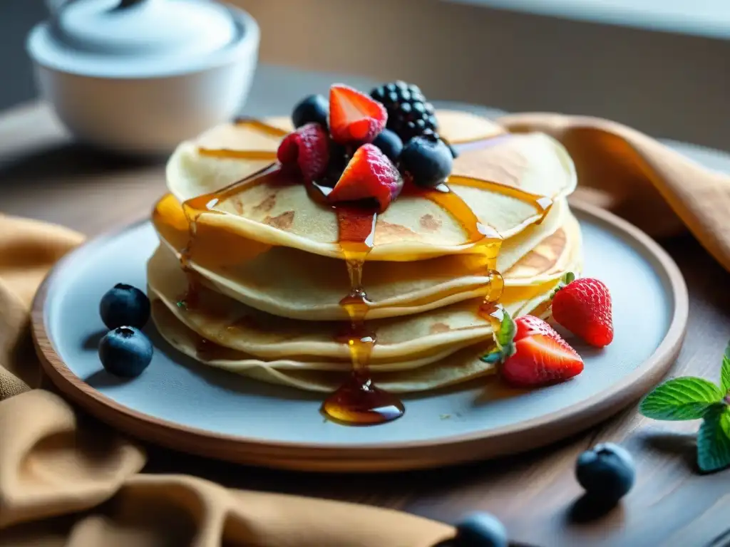 Delicados crepes veganos con bayas frescas y sirope de arce, en plato de madera rústico