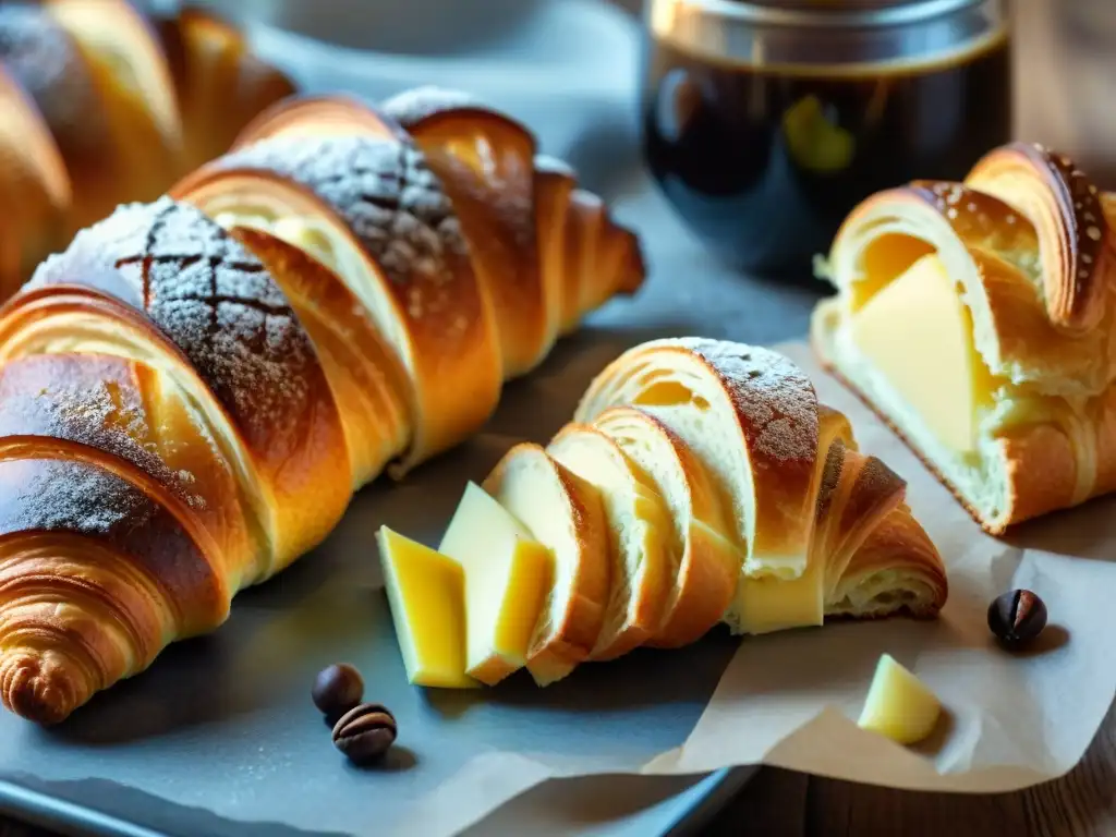 Delicados croissants y pain au chocolat en mesa de madera, con mantequilla salada de Bretaña