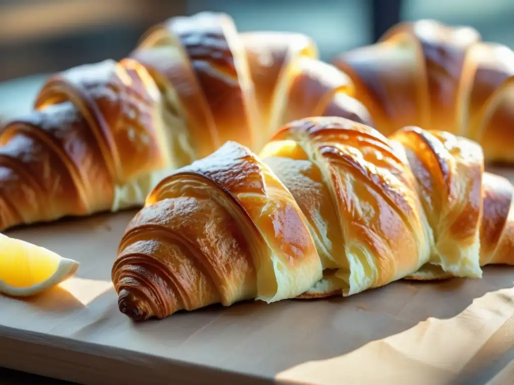 Delicados croissants recién horneados en una panadería francesa