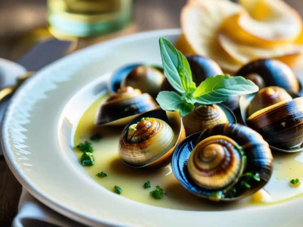 Delicados escargots de Borgoña en su salsa de mantequilla, con texturas y sabores que evocan la esencia de la receta tradicional escargots Borgoña