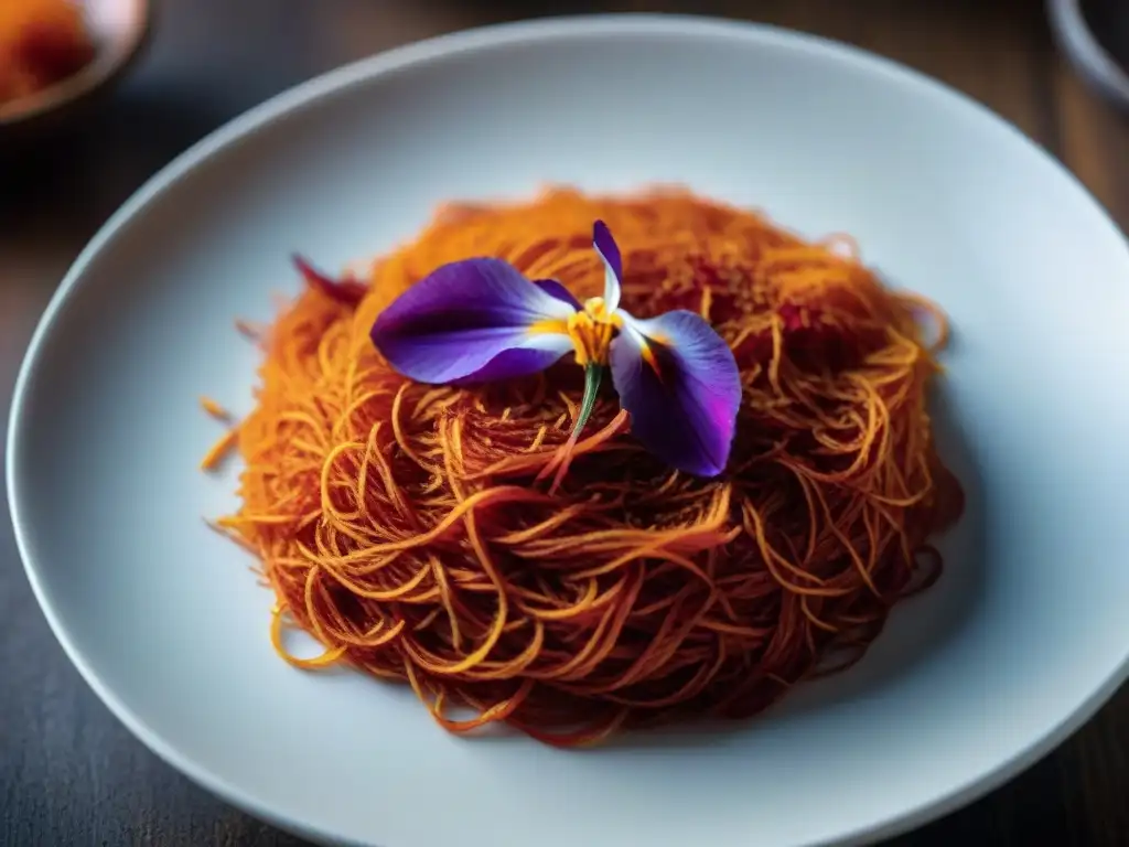 Delicados hilos de azafrán rojo resaltan en un plato francés tradicional, realzando su color y sabor