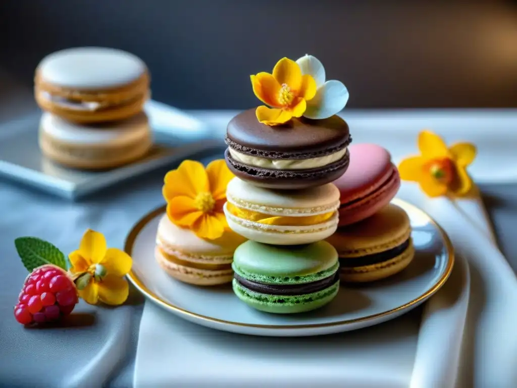 Delicados postres franceses para eventos, presentados con elegancia en una bandeja ornamentada sobre un mantel blanco