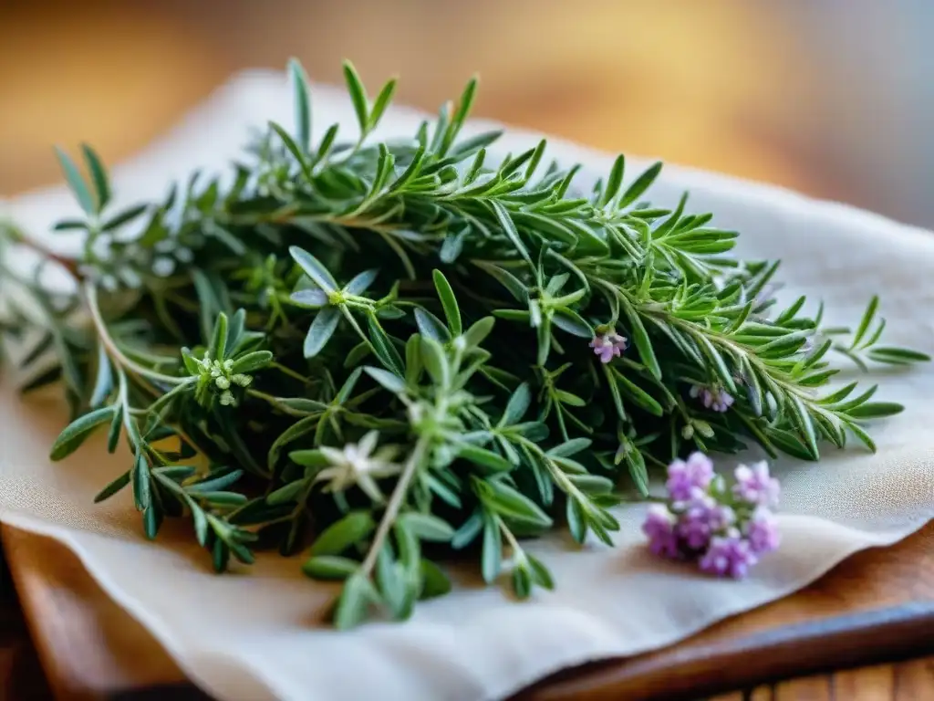 Delicados tallos de tomillo francés con hojas verdes, flores moradas y rocío, en un entorno rústico evocando tradición culinaria