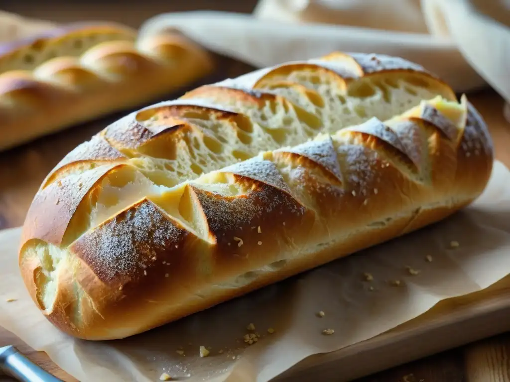 Delicate baguette recién horneada en una tabla de madera rústica, con harina esparcida y tallos de trigo, iluminada por luz solar