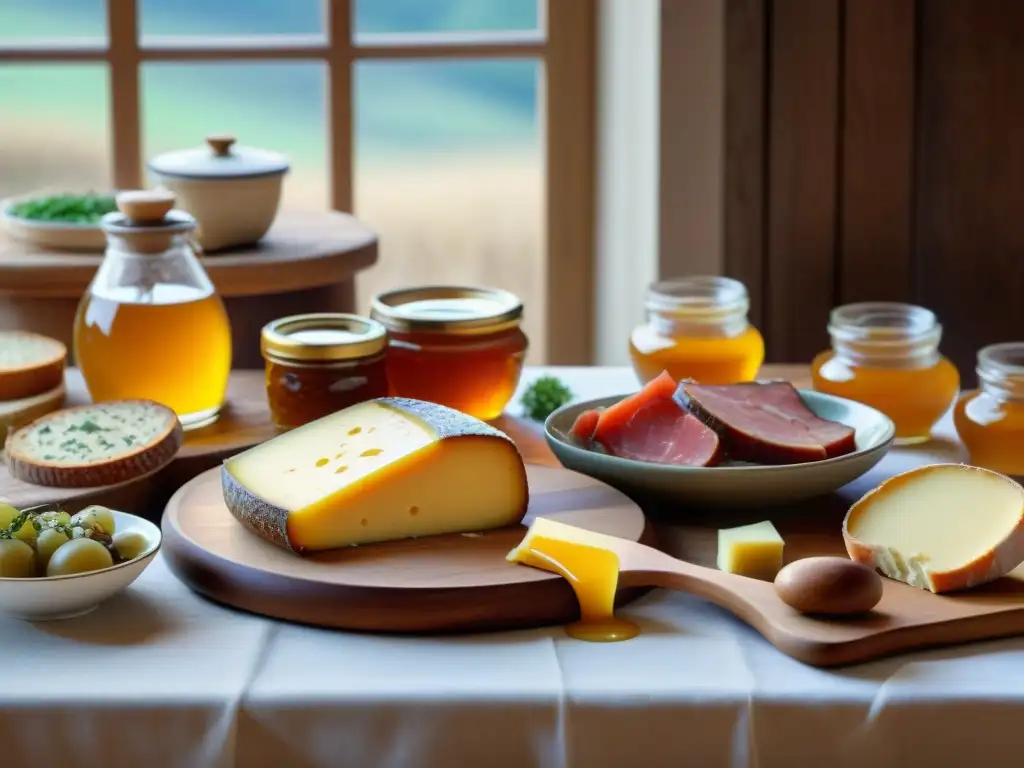 Munster cheese surrounded by Alsatian delicacies on a wooden table