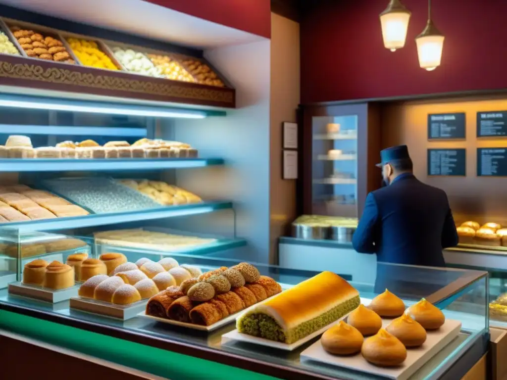 Un rincón de delicias árabes en Francia: postres exquisitos y clientes disfrutando en una pastelería bulliciosa