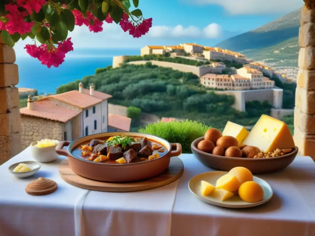 Delicias corsas en mesa rústica frente a pintoresco pueblo mediterráneo Delicias corsas en mesa rústica con sabores únicos gastronomía corsica y encantador pueblo mediterráneo al fondo