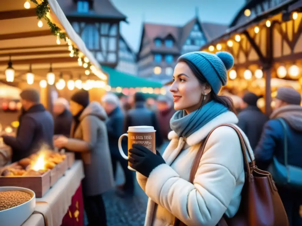 Puesto de delicias gastronómicas en el Mercado de Navidad de Estrasburgo, ambiente festivo y acogedor