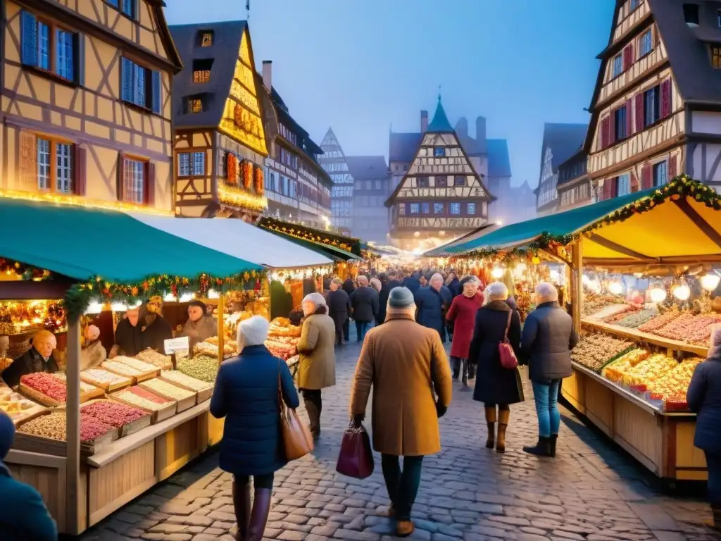 Delicias gastronómicas en el Mercado de Navidad de Estrasburgo: choucroute, flammekueche y bretzels entre puestos coloridos y ambiente festivo