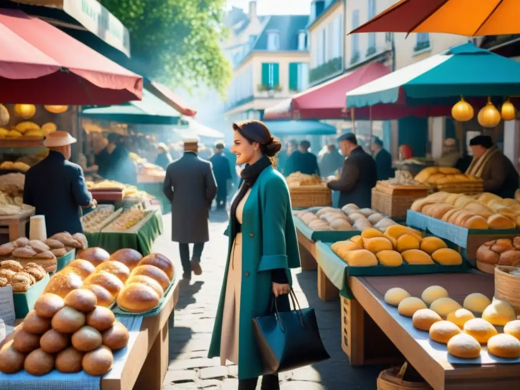 Delicias de los mercados franceses: Escena bulliciosa con panes y pasteles artesanales bajo coloridas carpas en un mercado tradicional francés