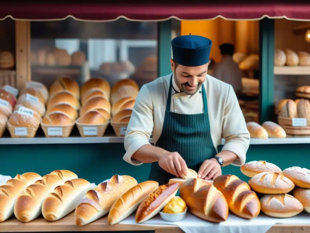 Delicias de los mercados franceses: Panadería bulliciosa con pan recién horneado y clientes felices