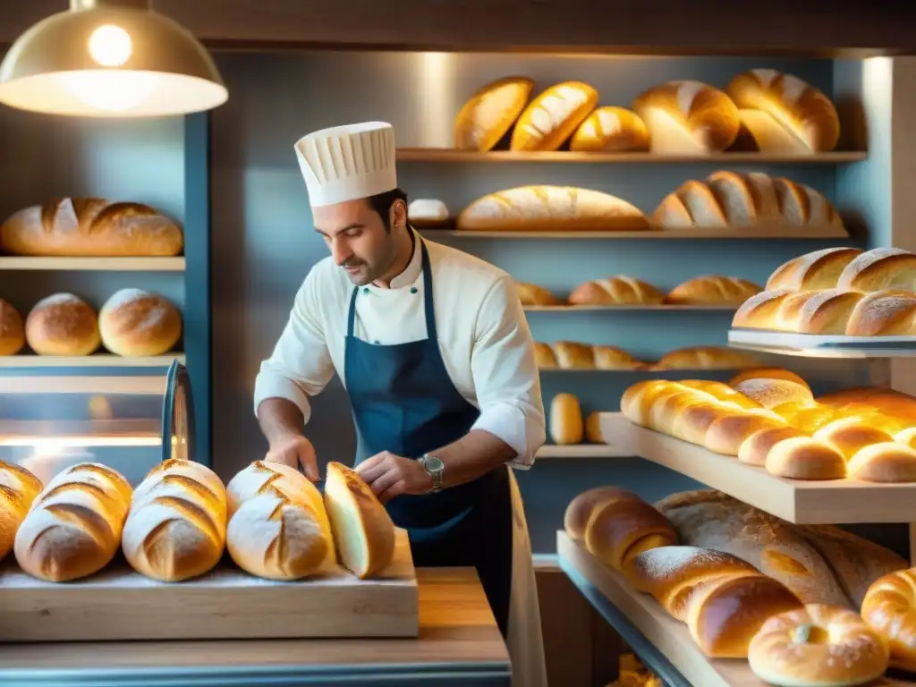 Delicias de los mercados franceses: panadería tradicional llena de clientes y pan recién horneado en estantes de madera