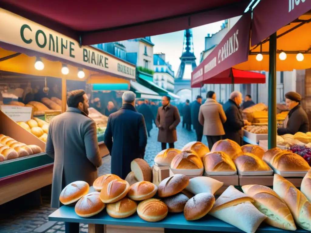 Explora las delicias de los mercados franceses en un vibrante escenario parisino con pan recién horneado y pastelería exquisita