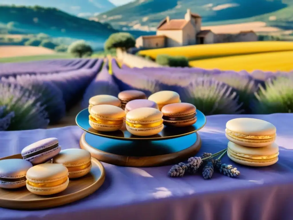 Delicias provenzales en una cocina tradicional: tarta, crème brûlée y macarons, con paisaje francés de lavanda