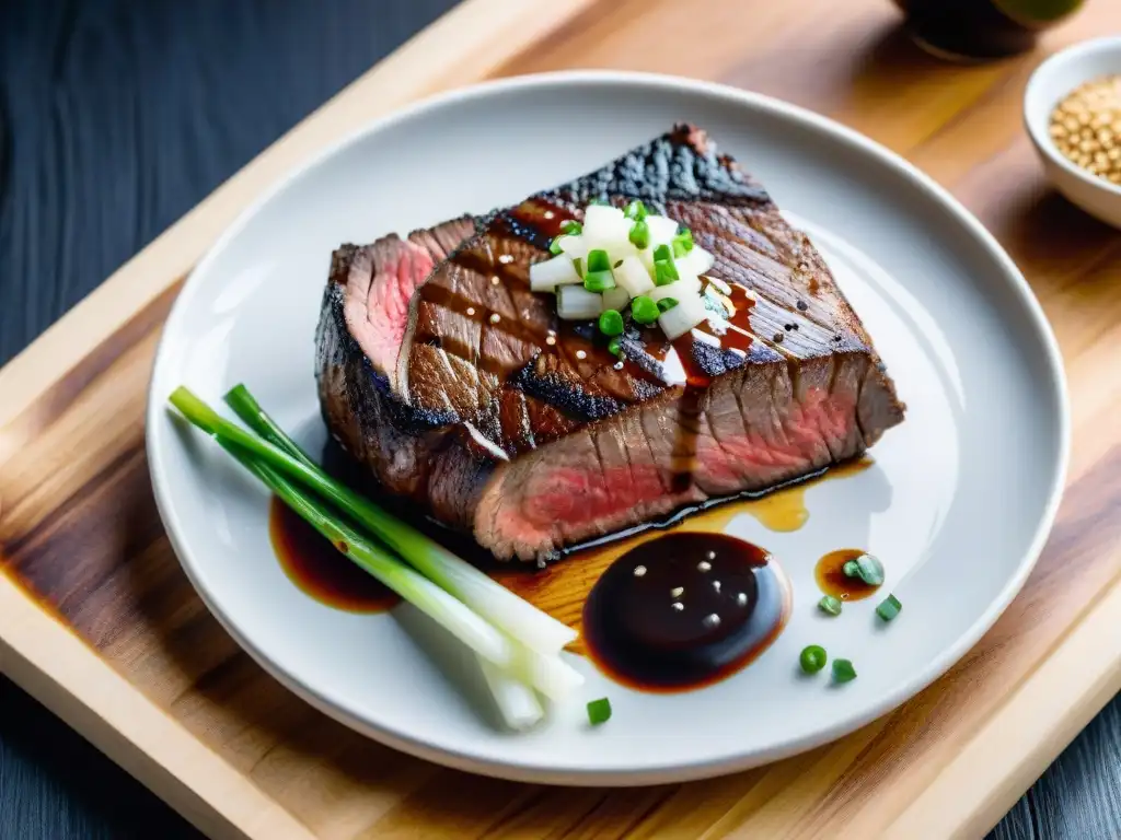 Deliciosa carne sellada con salsa teriyaki brillante y guarniciones, en una fusión culinaria de sabores asiáticos y técnicas francesas