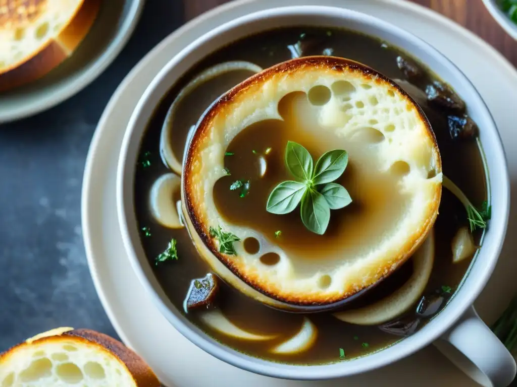 Deliciosa sopa de cebolla francesa con queso gruyere derretido y hierbas frescas