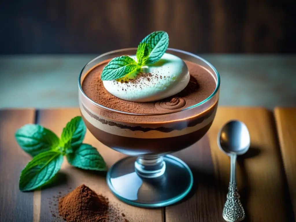 Deliciosa mousse de chocolate francés decorada con cacao, reflejando la elegancia y los Beneficios del cacao en Francia