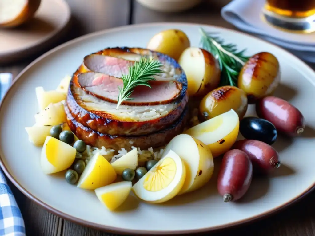 Una deliciosa Choucroute garnie en la Fiesta de la Cerveza Alsacia Francia, con salchichas, cerdo, papas y cerveza alsaciana