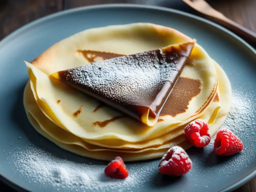 Deliciosa crepa de Nutella con frambuesas y azúcar glas Deliciosa crepe francesa con Nutella, azúcar en polvo y frambuesas, lista en crepera para auténticas crepes francesas