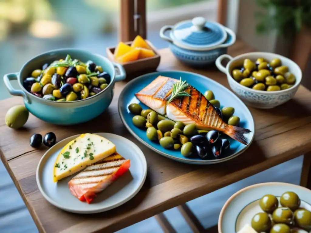 Deliciosa Dieta Mediterránea Francesa para salud en una mesa rústica con pescado a la parrilla, vegetales frescos y quesos variados