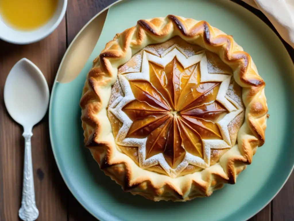 Deliciosa Galette des Rois dorada con crema de almendras y patrón de enrejado, sobre mesa rústica