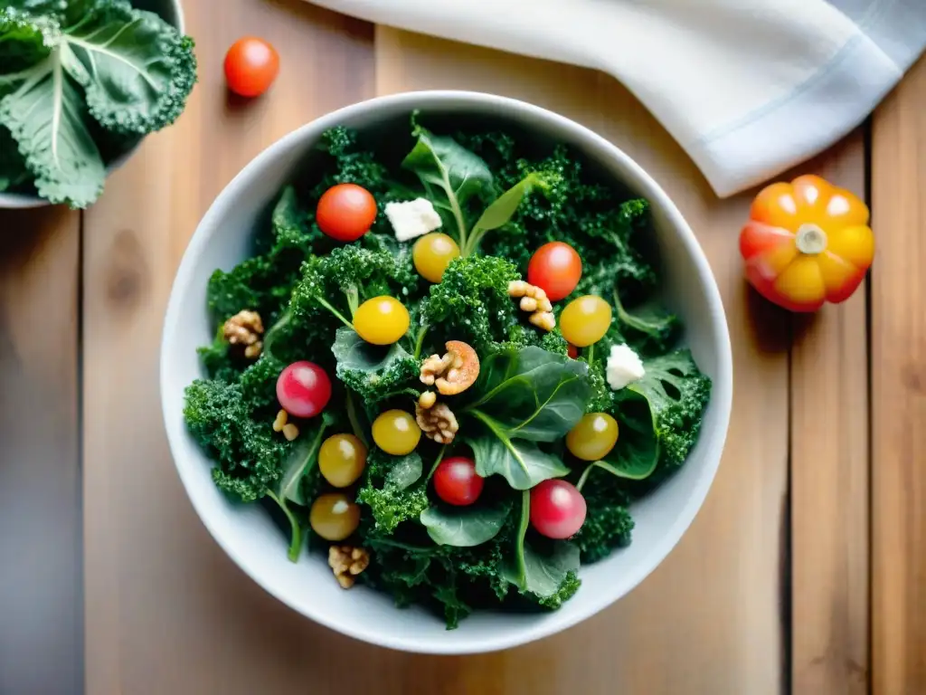 Deliciosa ensalada de kale francesa en cerámica, con tomates, rábanos, queso y nueces, en mesa rústica iluminada, beneficios kale superfood recetas francesas