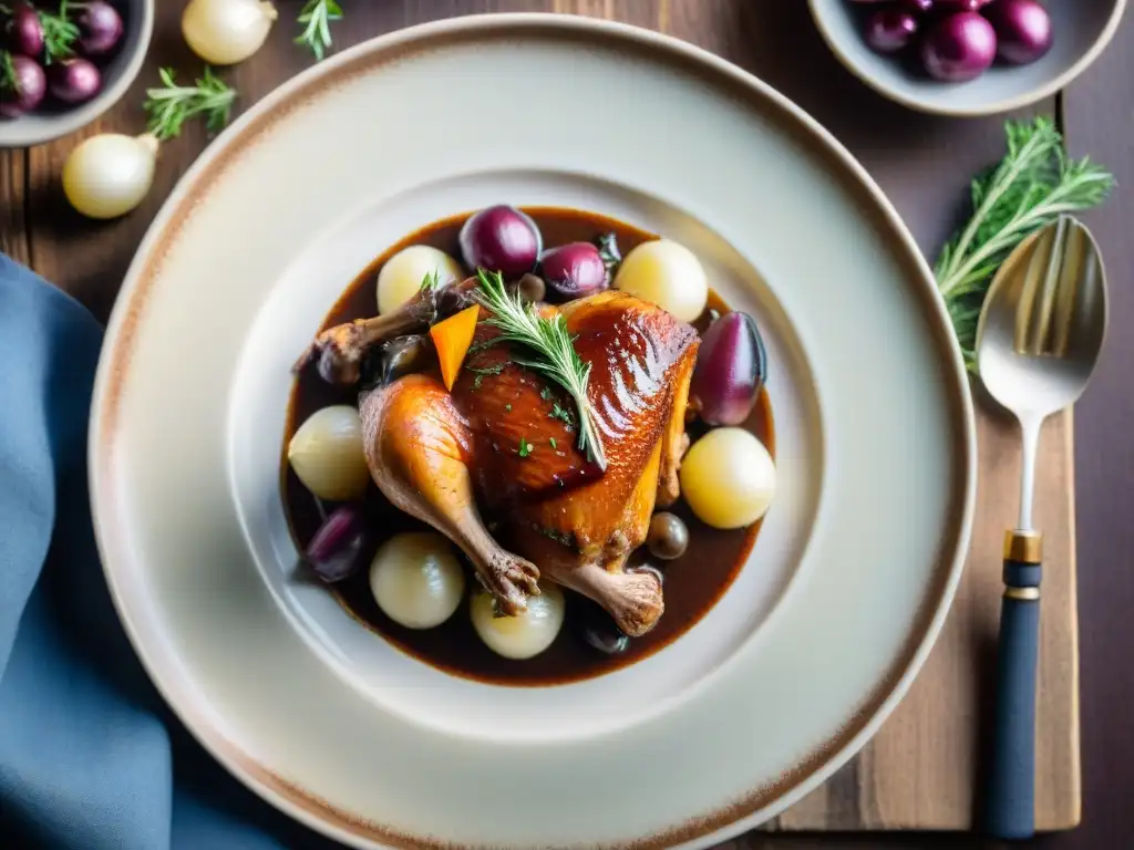 Una deliciosa escena de Coq au Vin en un plato francés vintage, con guarniciones elegantes y calidez de bistrós secretos en Amiens