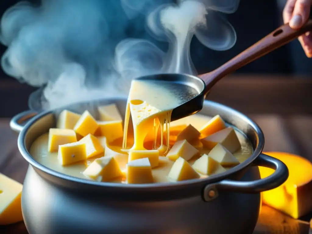 Deliciosa fondue francesa con quesos fundidos recetas: queso Gruyère y Emmental burbujeando en una olla de cerámica, evocando calidez y indulgencia