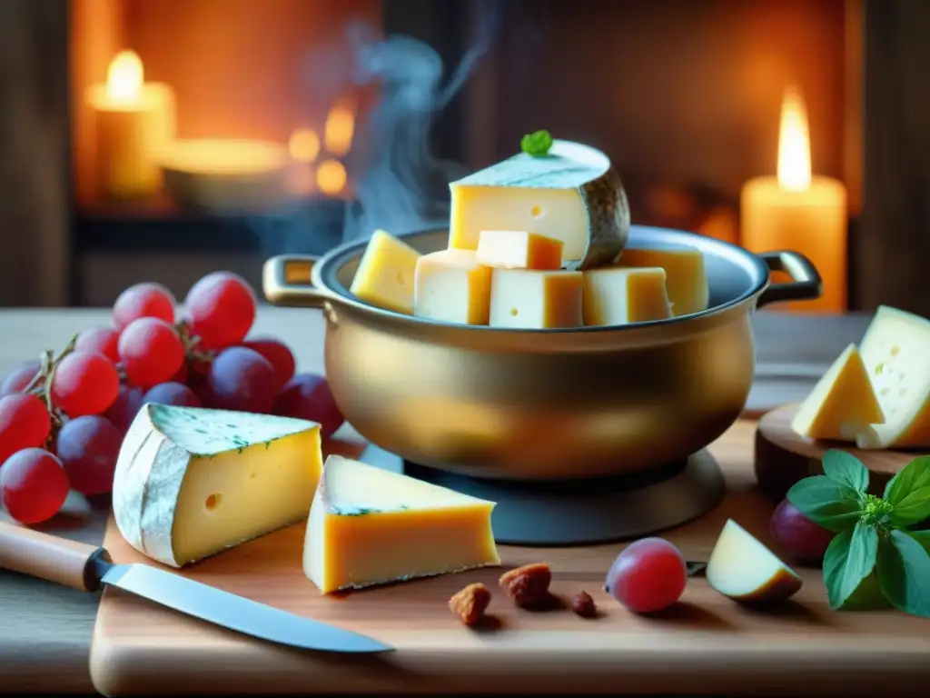 Una deliciosa fondue de quesos franceses fundidos en una olla, rodeada de pan, frutas y carnes en una mesa rústica