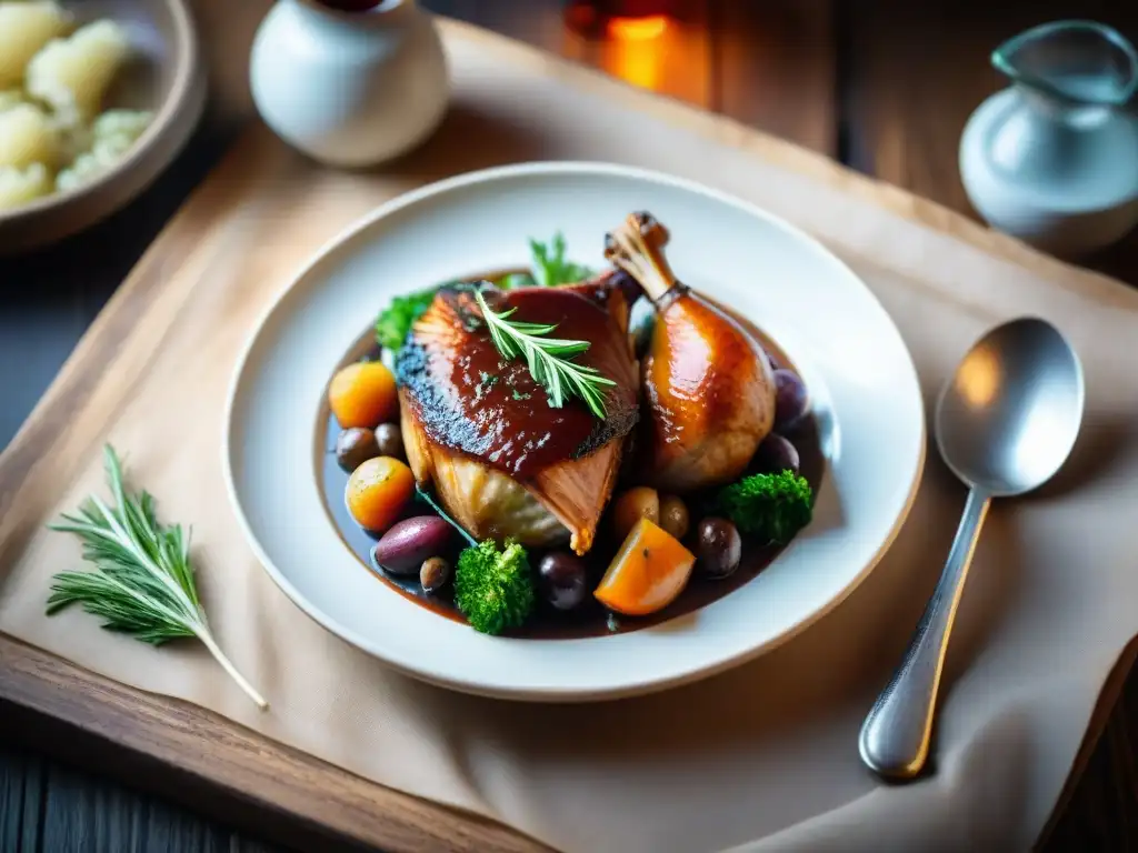 Deliciosa Fotografía gastronomía francesa innovadora: Coq au Vin con finas hierbas en mesa rústica