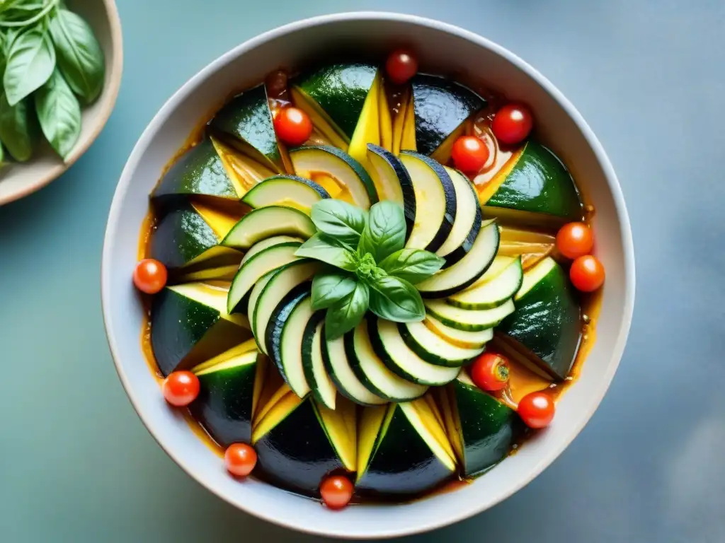 Deliciosa ratatouille francesa con verduras vibrantes y energía, en un plato colorido y rústico