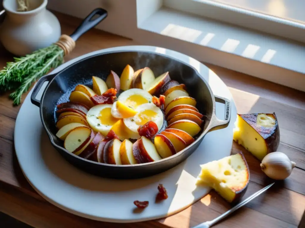 Una deliciosa Tartiflette recién hecha en una mesa rústica, con ingredientes frescos y luz natural en una cocina francesa acogedora