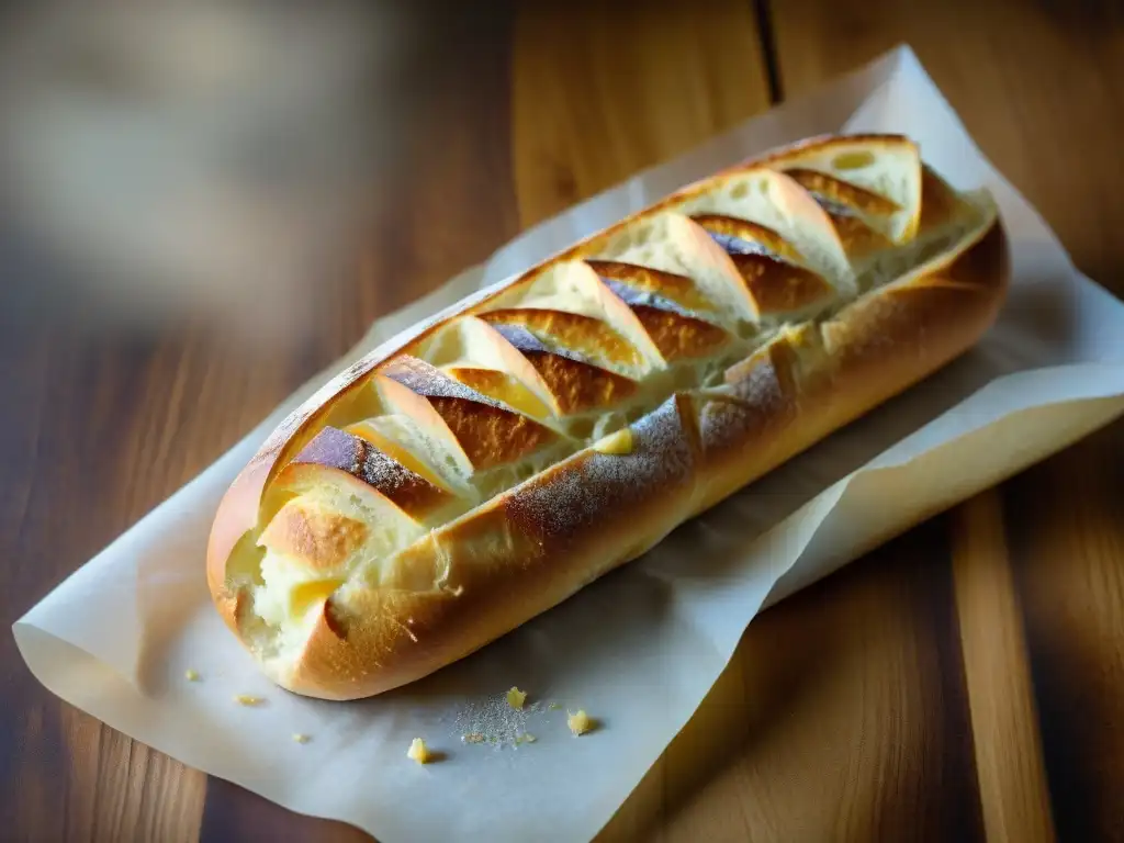 Baguette recién horneada: detalle artesanal y tentador Deliciosa baguette recién horneada, con costra dorada y vapor, ideal para maridaje vinos y pan francés