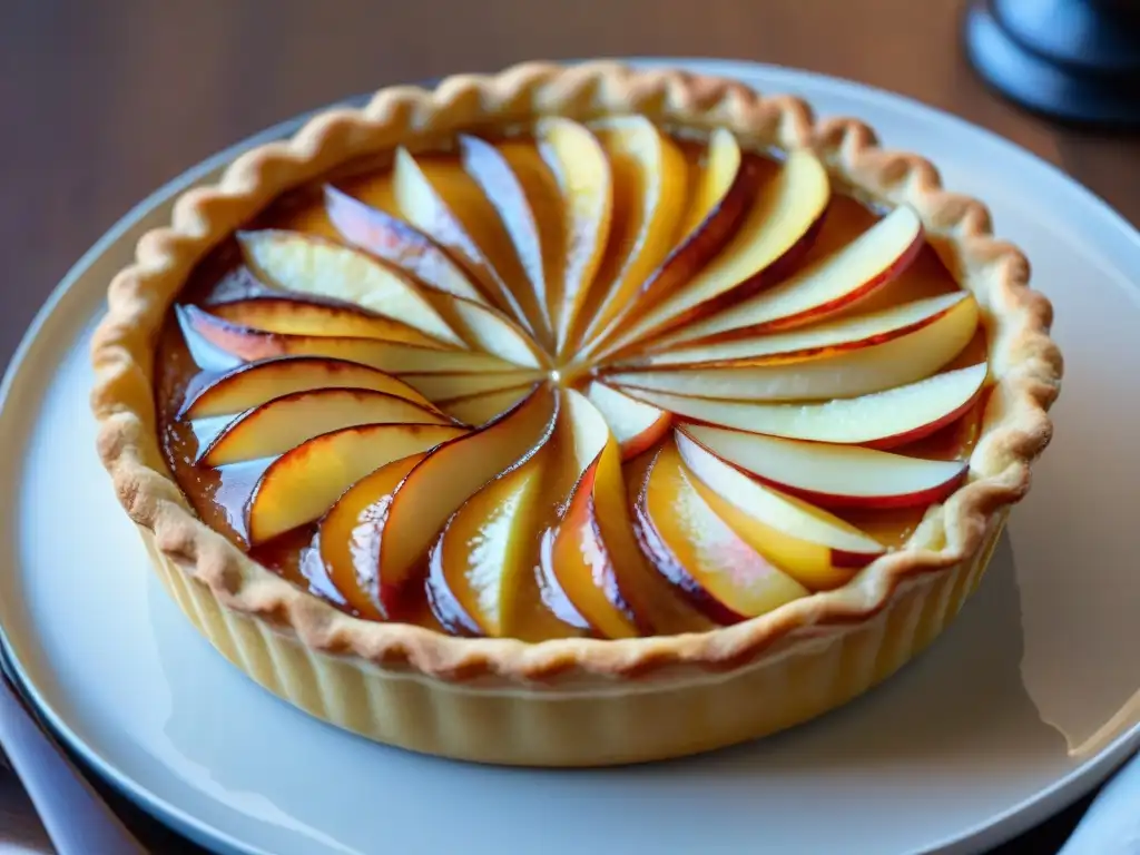 Deliciosa Tarte Normande recién horneada con manzanas y calvados, listo para saborear cada capa